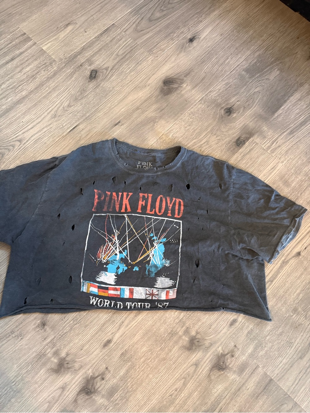 Pink Floyd Black Distressed Cropped Tour Tee with Multicolor Graphic